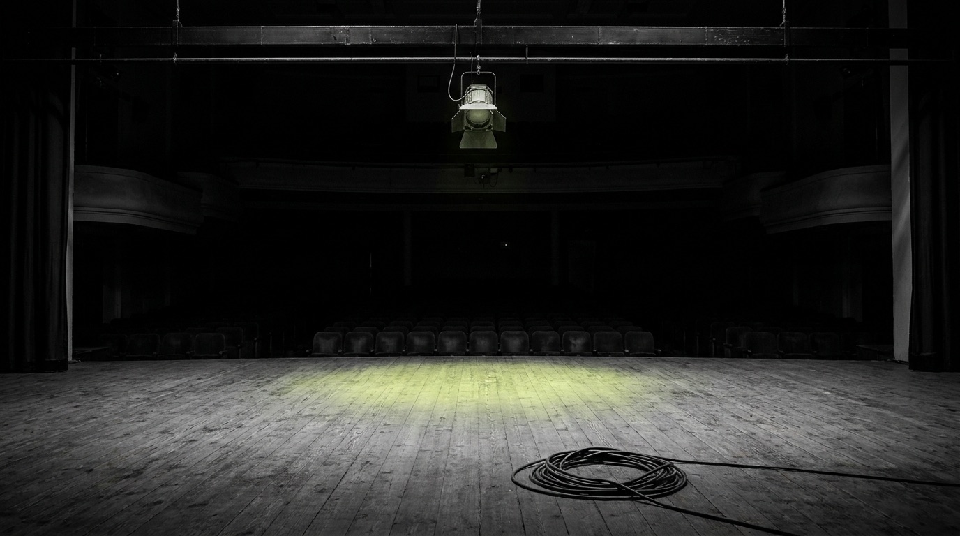 A single empty theatre spotlight on a bare stage, black and white with an acid green accent