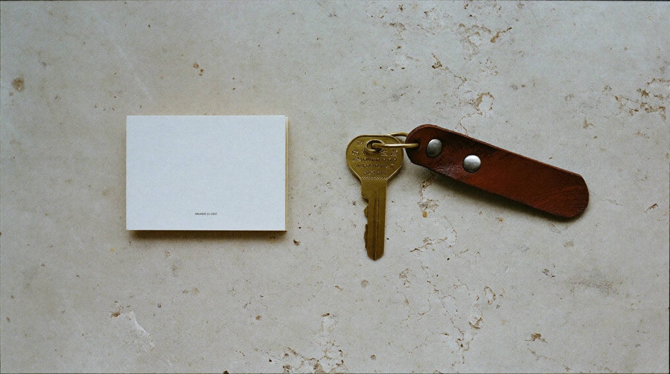 A plastic hotel keycard beside a heavy brass front-door key on a pale stone surface