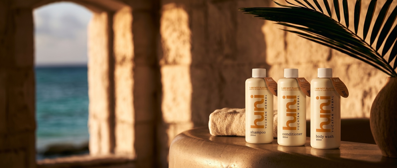 Huni trio in a Tulum eco-hotel - cream Vivomer bottles